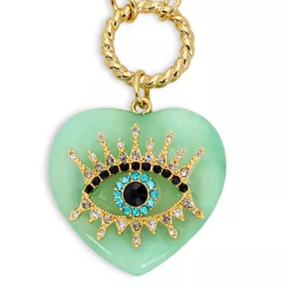 Kurt Geiger Gold Necklace with Green Quartz Heart Eye Pendant NWTS